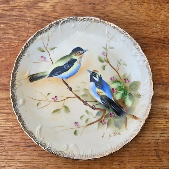 Gorgeous Signed ENESCO Plate 2 Blue Yellow BIRDS on Branch Plum Flowers Floral - Picture 2 of 9